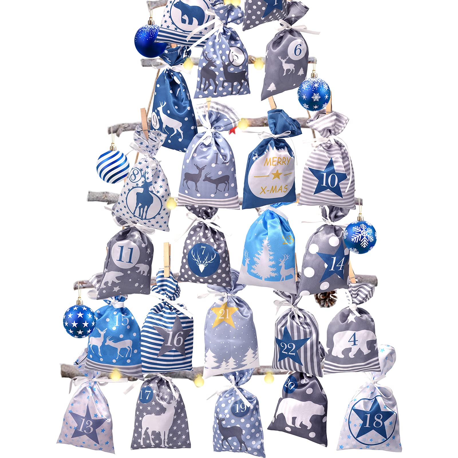 Advent Calendar for Filling, Fabric Bags, 24 Fabric Bags, Chain for DIY Crafts and Hanging, 2023 Christmas Calendar to Fill Yourself with Blue Grey Fabric Bags for Children, Boys, Men