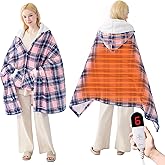 PTQ Electric Blanket Wearable Heated Shawl with Hood & Pockets – 6 Heat Settings, 4H Auto-Off, Flannel & Sherpa Reversible, Cozy Plaid Heated Throw Blanket for Home, Couch, or Gift, 40"x70", Pink