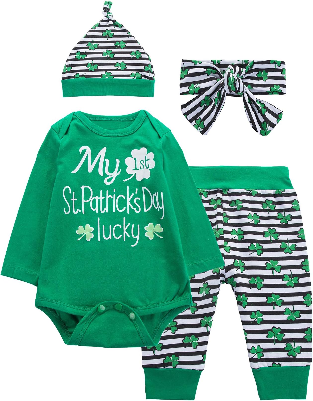4PCS My First St Patrick's Day Lucky Clover Outift Set Baby Boys Girls Stripe Pant Set with Hat and Headband