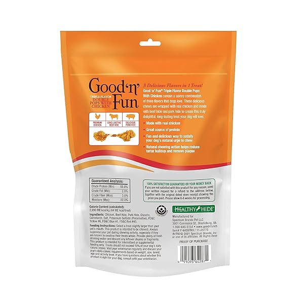 GOOD ‘N’ FUN TRIPLE FLAVOR DOUBLE POPS WITH CHICKEN CHEWS FOR ALL DOGS, 5.5 OUNCES, TREAT YOUR DOG TO CHEWS MADE WITH REAL CHICKEN, BEEF HIDE AND PORK HIDE