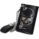 Leatherboss Genuine Leather Trifold Skull Biker Chain Wallet Credit Card Cash with ID Holder, Black