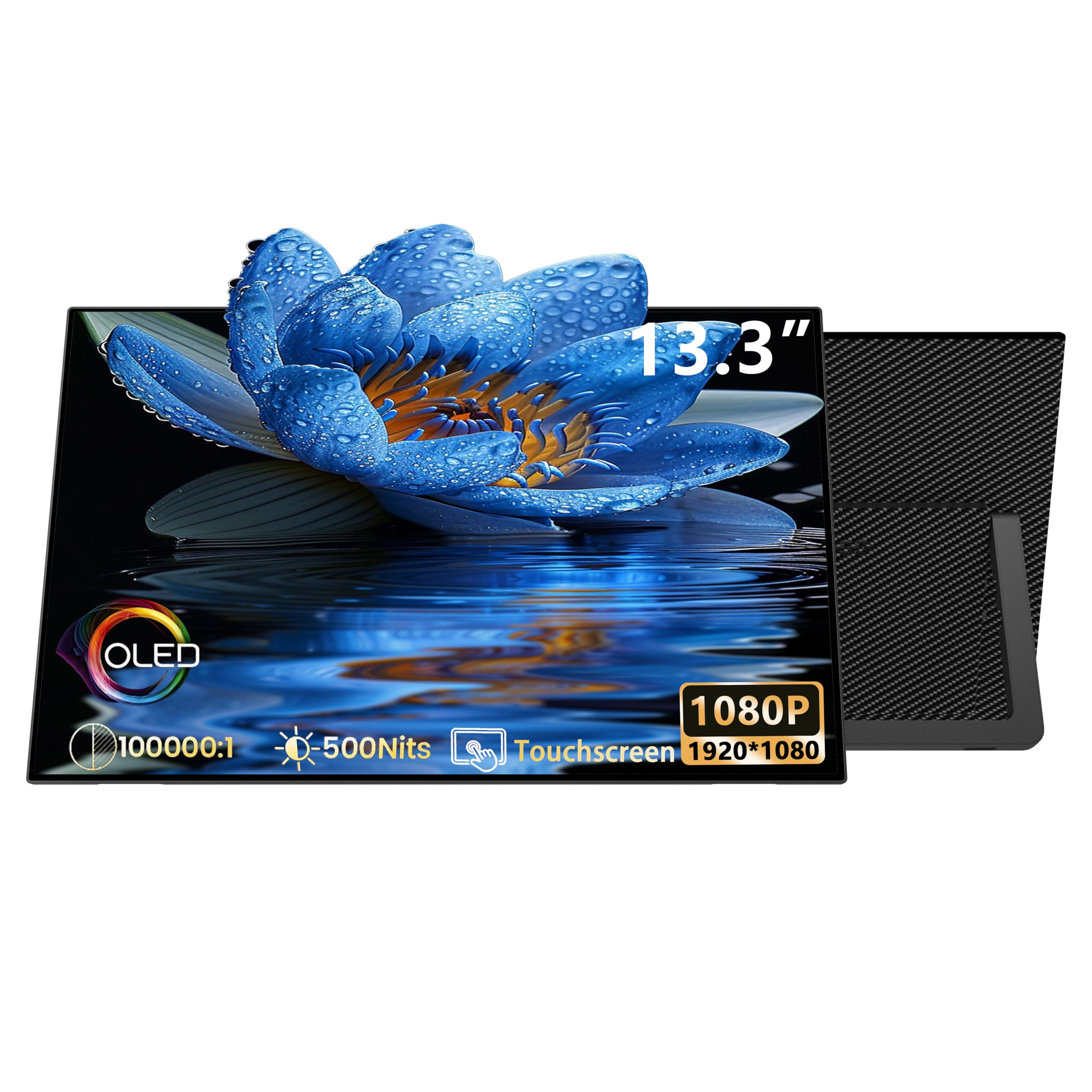 Photo 1 of 13.3” 1080P OLED Portable Monitor Touchscreen 100000:1 contrast ratio 500 nits brightness Display, Built-in Stand Speakers HDR Portable Screen,Travel Monitors for Laptop Mac PC Phone PS4/5 Xbox Switch