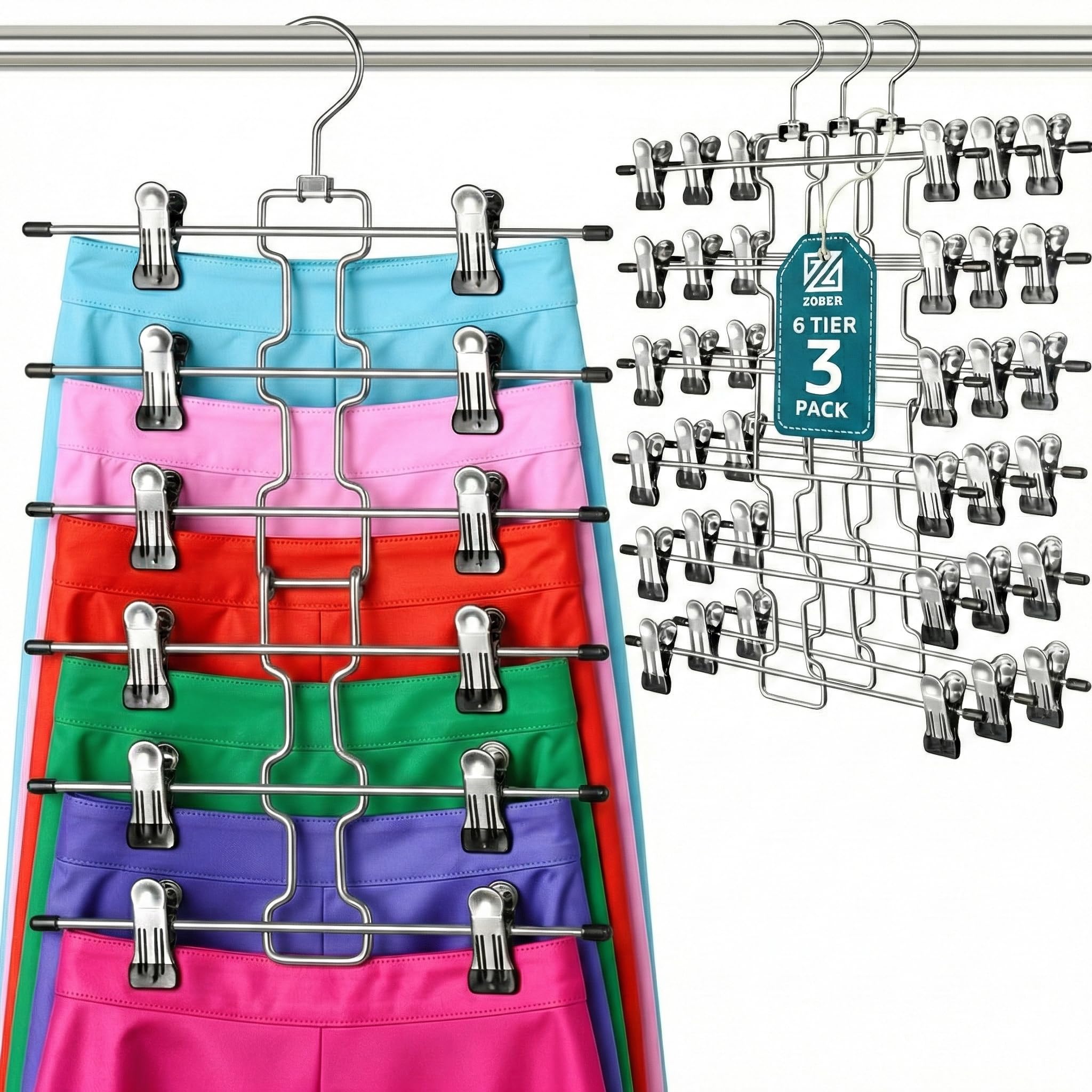 High-Grade 5-Tier Trouser Hangers with Clips (3 Pack) Strong & Durable Chrome Metal Skirt Hangers - Space Saving, Multi Layer Hanger for Trousers with Non Slip Adjustable Clip - Hang Slack/Pant & Jean