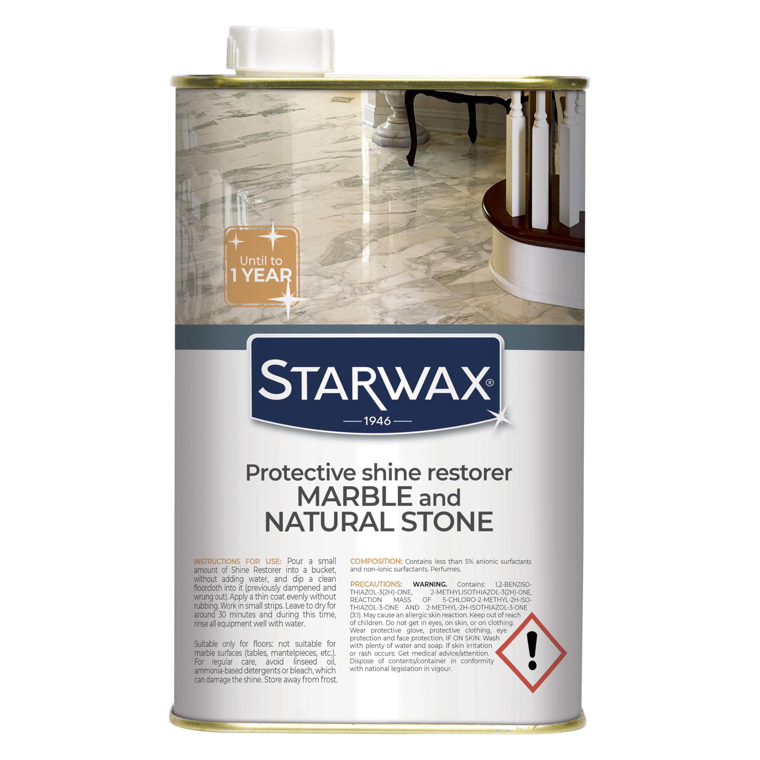 STARWAX Protective Shine Restorer for Marble and Natural Stone - Protects and Shines - Anti-Stain - Long-Lasting Effect - Non-Slip - 1L - Approx. 30m²