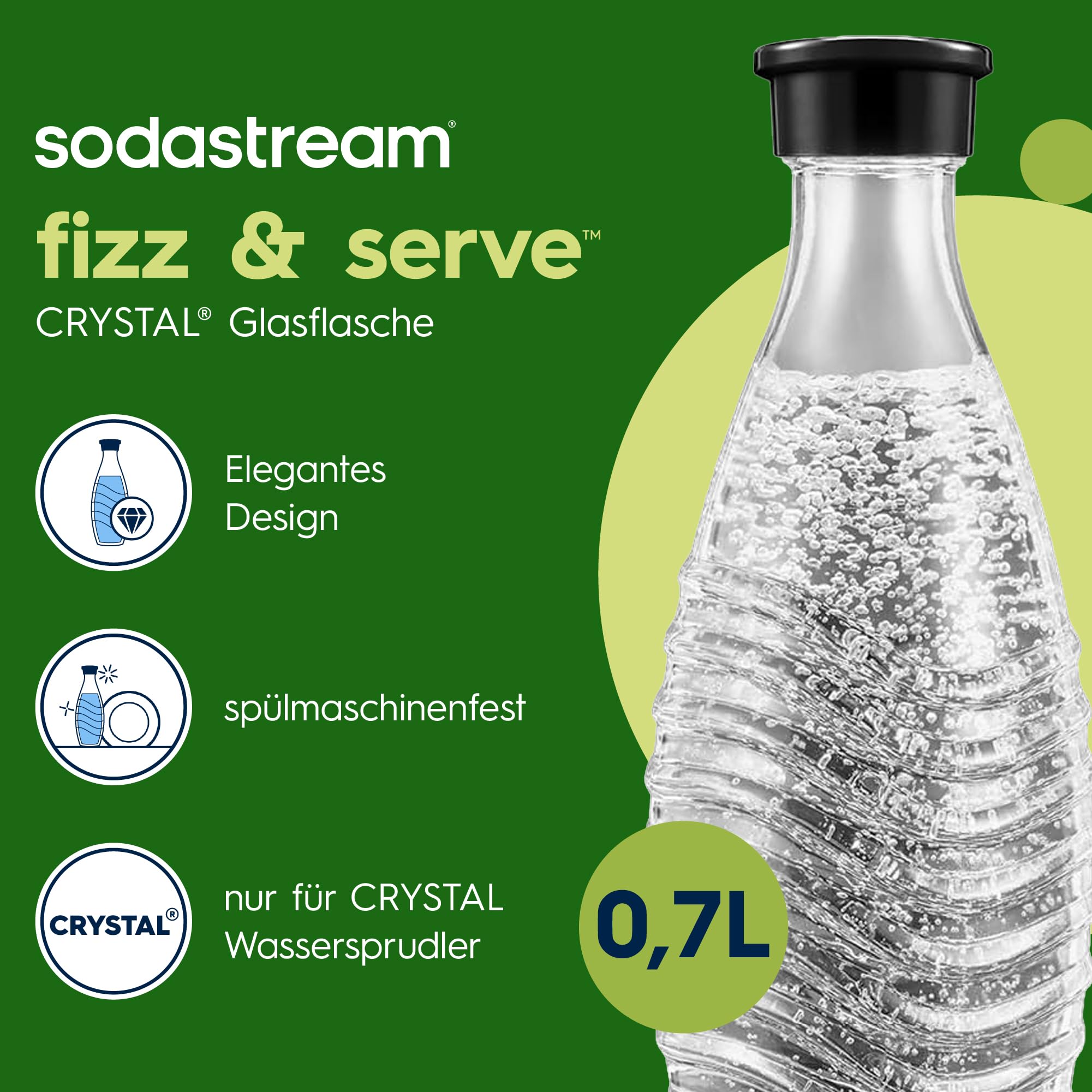 Sodastream 0,7L CRYSTAL Glaskaraffen - kompatibel mit CRYSTAL & PENGUIN Wassersprudler, 2er-Pack Wasserkaraffen, spülmaschinenfeste Sprudlerkaraffen 3