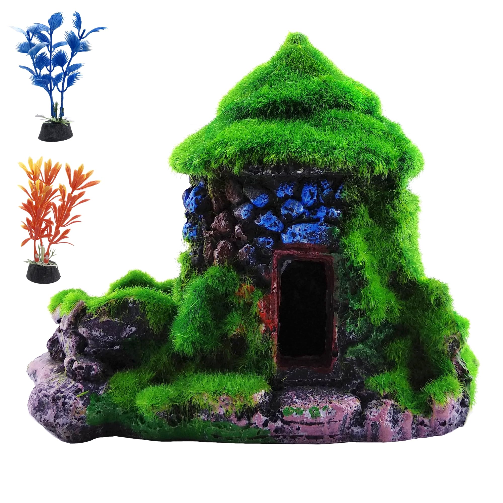 M2cbridge Aquarium Decorations Fish Hideout House Betta Cave with Green Lifelike Moss(Style 1)