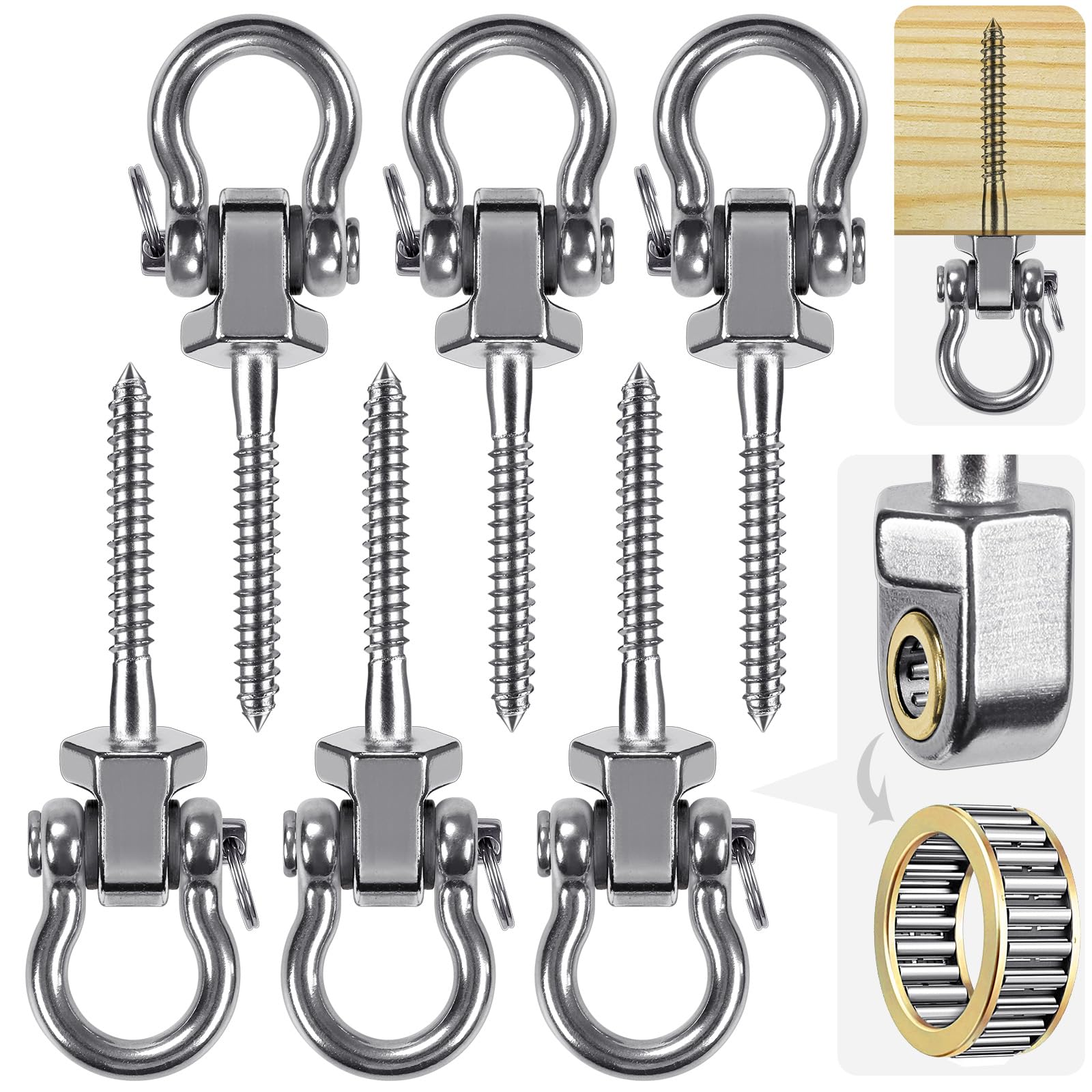 SELEWARE Heavy Duty Stainless Steel Swing Hangers with Bearings, 6-Pack - Quiet and Smooth Swivel Hooks for Porch, Patio, Playground - Indoor/Outdoor Swing Set Hardware, 1500LB Capacity