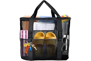 Yunaeduo Large Mesh Beach Bag - Lightweight & Foldable Family Beach Bag with 9 Pockets for Toys, Towels & Vacation Essentials