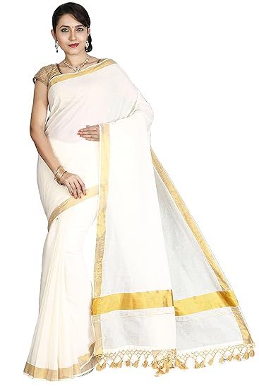 Kerala Kasavu plain saree with fringes