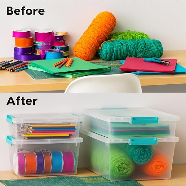 IRIS USA 6 QT. CRAFT STORAGE BINS WITH LIDS, 4-PACK, |MADE IN USA|, CLIP BOX, SMALL PLASTIC SENSORY BIN TOTE ORGANIZER CONTAINERS FOR ART SUPPLIES, PAPER, & OFFICE, STACKABLE – CLEAR/SEAFOAM BLUE