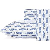 Nautica - Queen Sheets, Cotton Percale Bedding Set, Crisp & Cool, Coastal Home Decor (Woodblock Fish Blue, Queen)