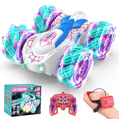 Qryselen Remote Control Car 2.4Ghz RC Cars with LED Lights Double Sided Off-Road 360°Rotating Roll RC Cars Rechargeable 4WD RC Stunt Car Indoor Outdoor Toys for Boys Girls 6-13 (Red) (Pink)