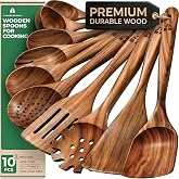 Wooden Spoons for Cooking &ndash; 10 Pcs Non Toxic Teak Kitchen Utensils Set | Includes spatula, turner, ladle, skimmer, pasta server &amp; salad fork; heat resistant, nonstick safe, easy to clean