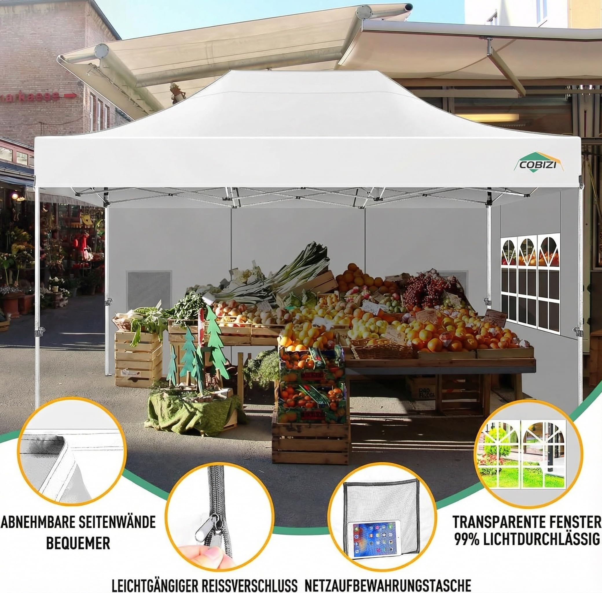 COBIZI Faltpavillon Pavillon 3x4.5 Wasserdicht Stabil, Outdoor Faltbar Garten Pavillon UV Schutz 50+, Partyzelt mit 4 Seitenteilen, Weiß 5