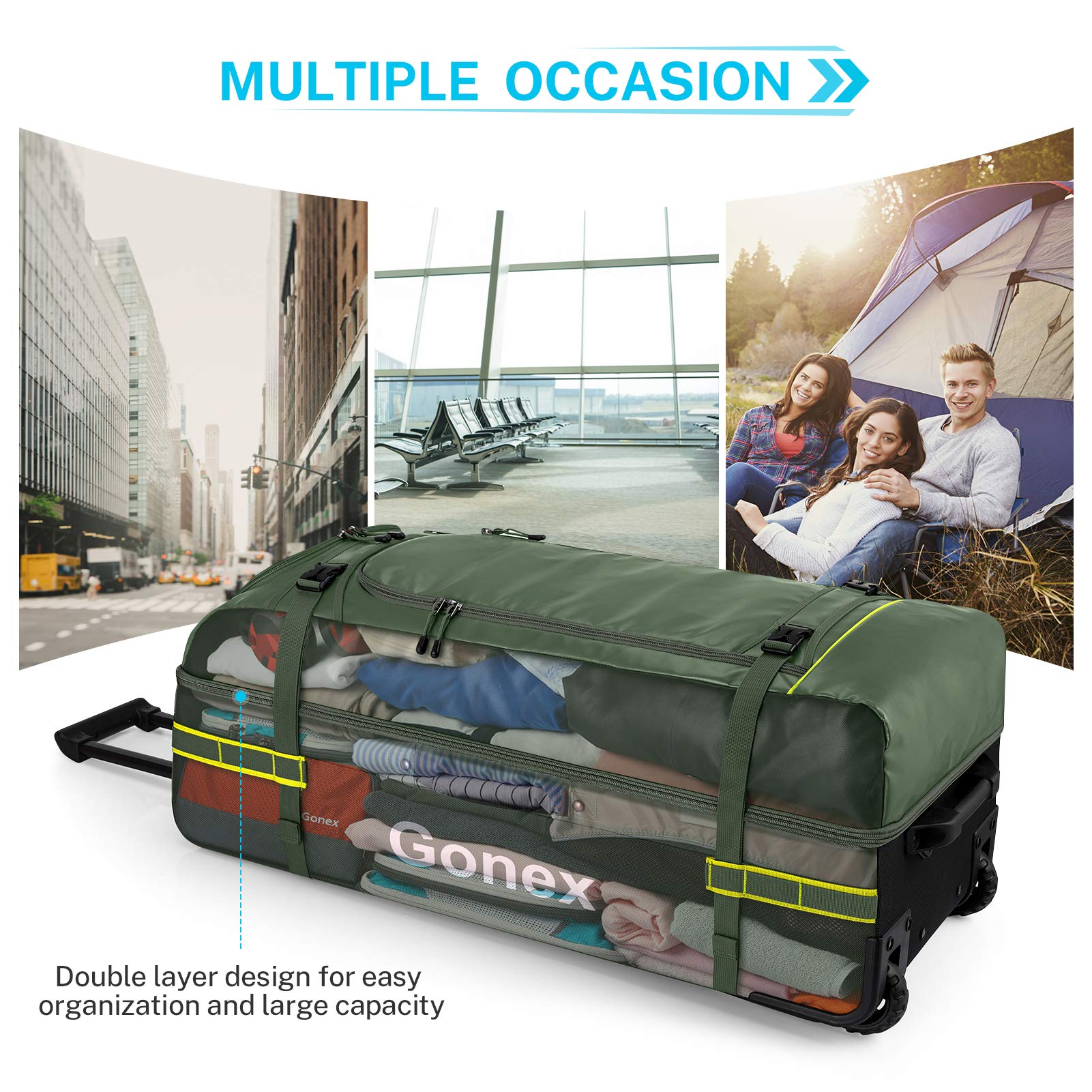 Gonex Rolling Duffle Bag with Wheels, 100L Water Repellent Large Wheeled Travel Duffel Luggage with Rollers 33 inch, Olive Green