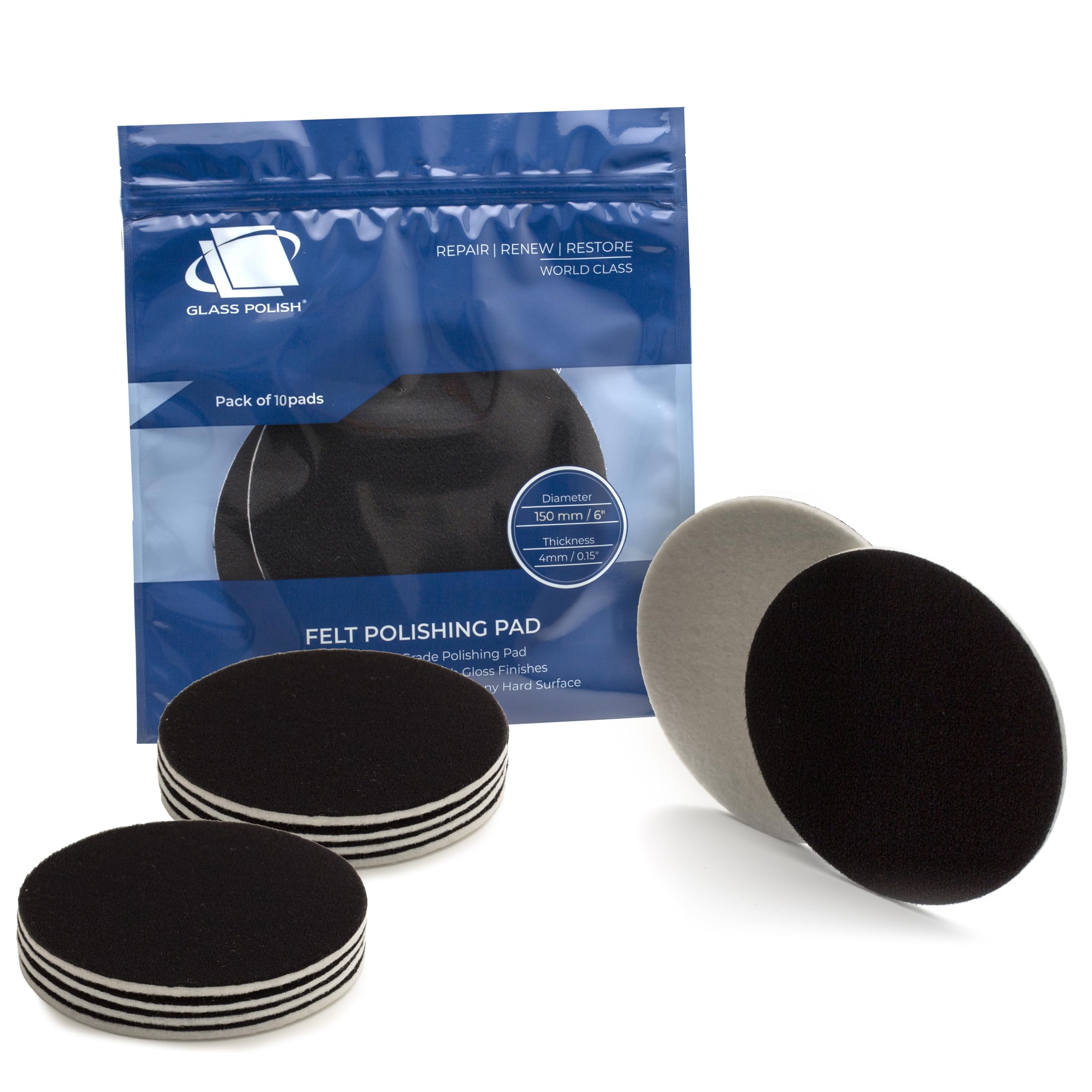 Glass Polish 6 inch (150mm) Pack of 10 Felt Polishing Pads for Polishing Glass, Plastic, Metal and Marble - GP11010