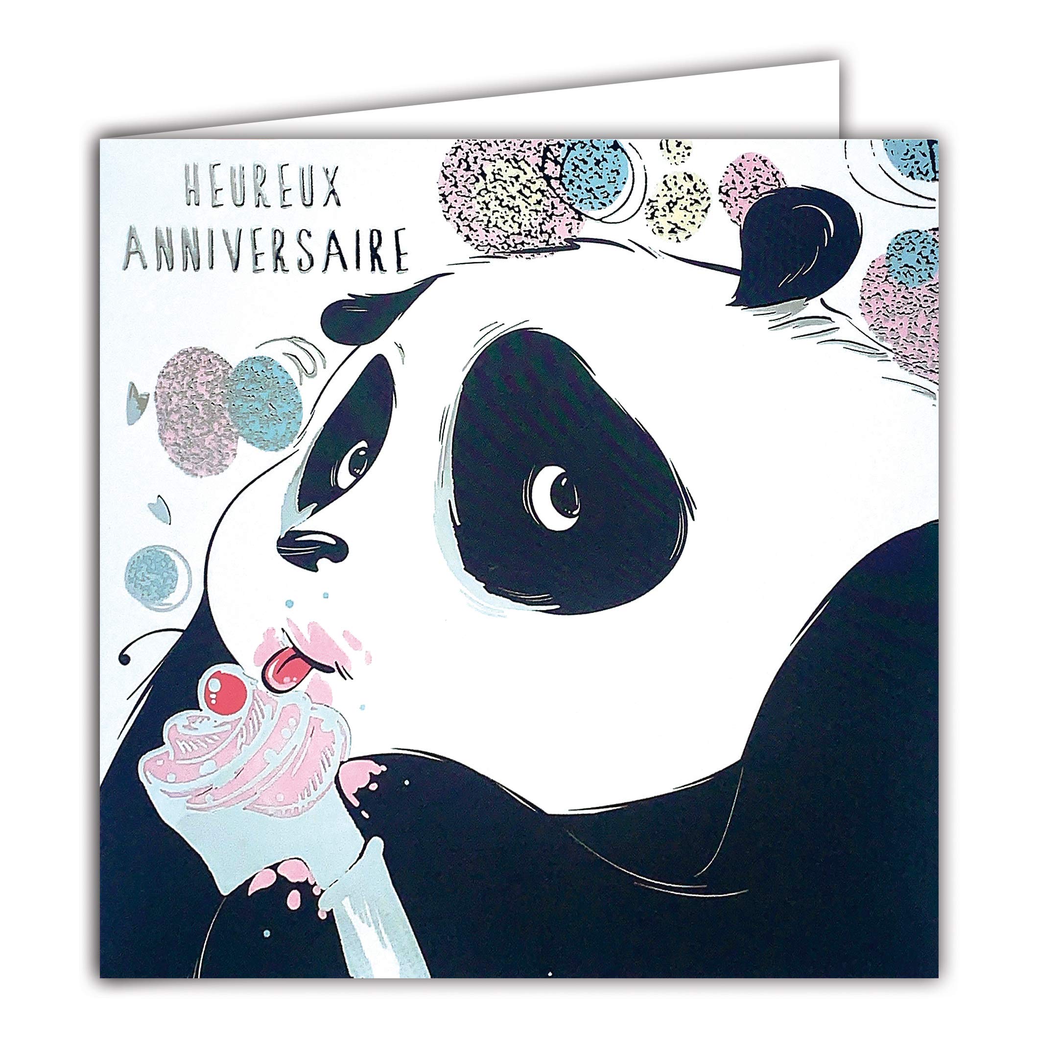Afie Square Card Silver Happy Birthday Giant Panda Gourmet Cupcake Cherry