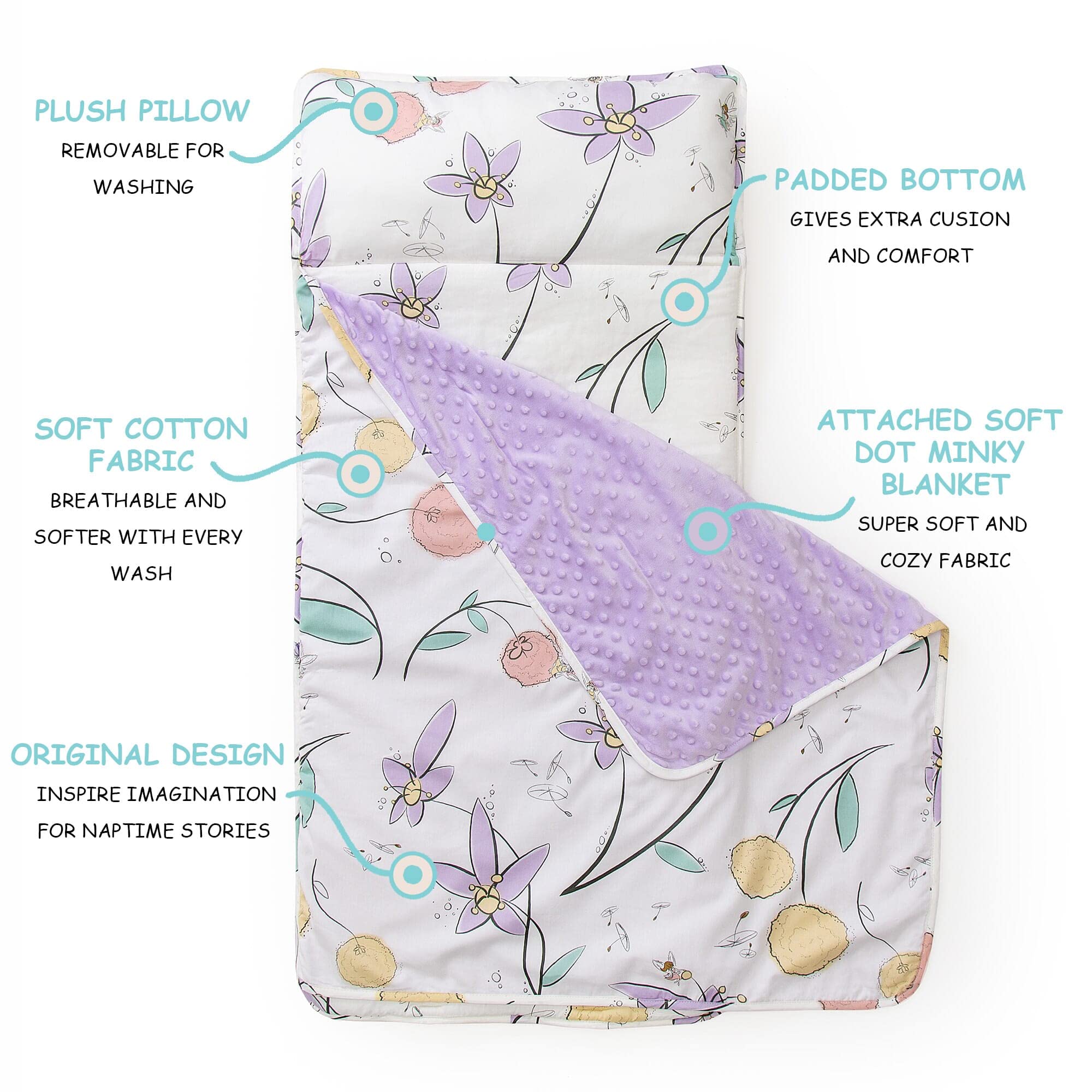 JumpOff Jo - Toddler Nap Mat for Preschool, Daycare, and Kindergarten - Sleeping Bag for Kids with Removable Pillow and Ultra Soft Blanket - Fairy Blossoms