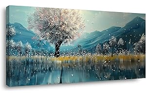 TEKMENT Mountain and Pink Tree By Lakeside Oil Painting Style Wall Art Decor Artwork for Bedroom 20x40 Inches