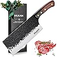 Huusk 7.5" Meat Cleaver Knife - Hand-forged Butcher Knife High Carbon Steel Kitchen Knives with Damascus Texture, Full Tang Japanese Knives with Wood Handle, Gift for Father's Day