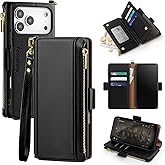 Antsturdy Compatible with iPhone 17 Pro Wallet Case Women,RFID Blocking PU Leather Phone Case Men Kickstand Flip Cover Wrist Strap Zipper Credit Card Holder Slots for Apple 17 Pro 6.3",Black