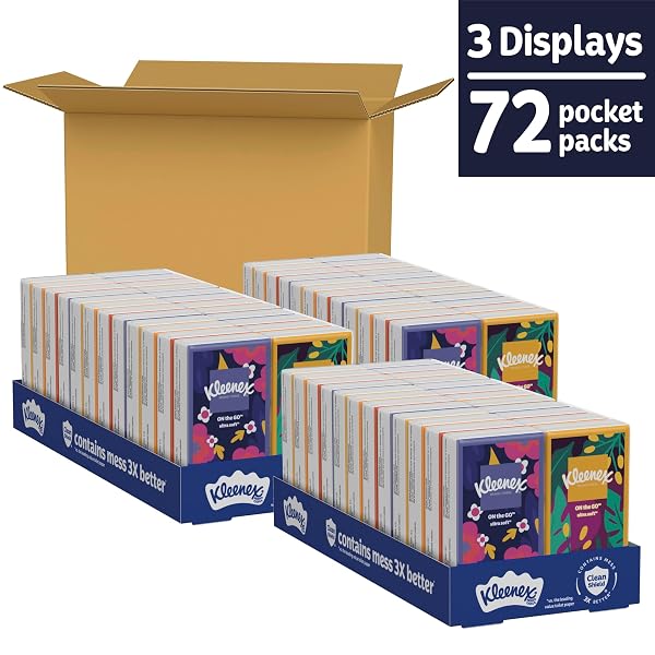 KLEENEX ON-THE-GO FACIAL TISSUES, 72 ON-THE-GO PACKS (3 TRAYS OF 24 PACKS), 10 TISSUES PER BOX (720 TOTAL), 3-PLY, PACKAGING MAY VARY
