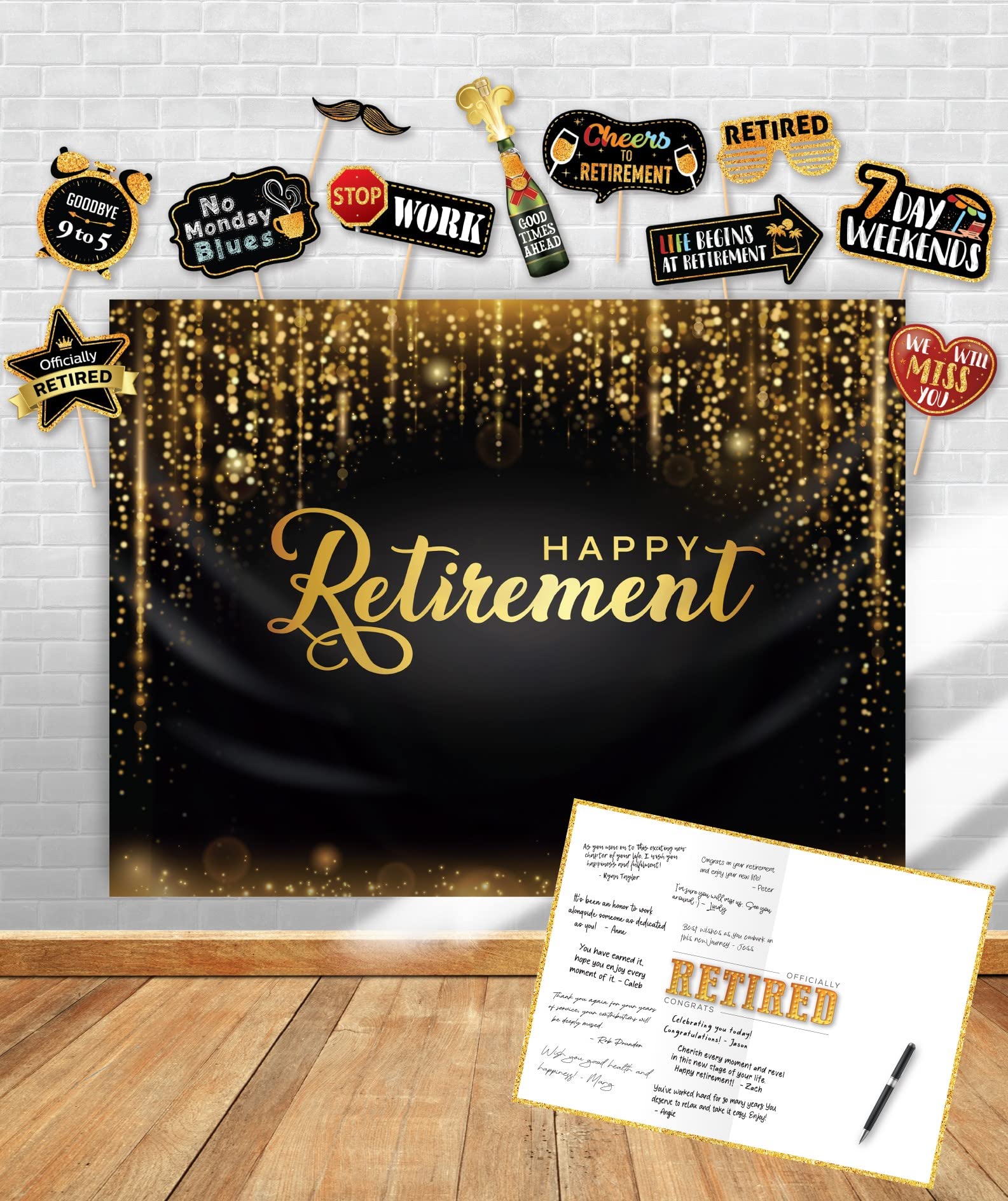 Happy Retirement Party Decorations Backdrop | Retirement Gift Signature Board | Photo Booth Props. Black & Gold Party Supplies | Jumbo Greeting Card Guest Book for Men, Women, Coworker