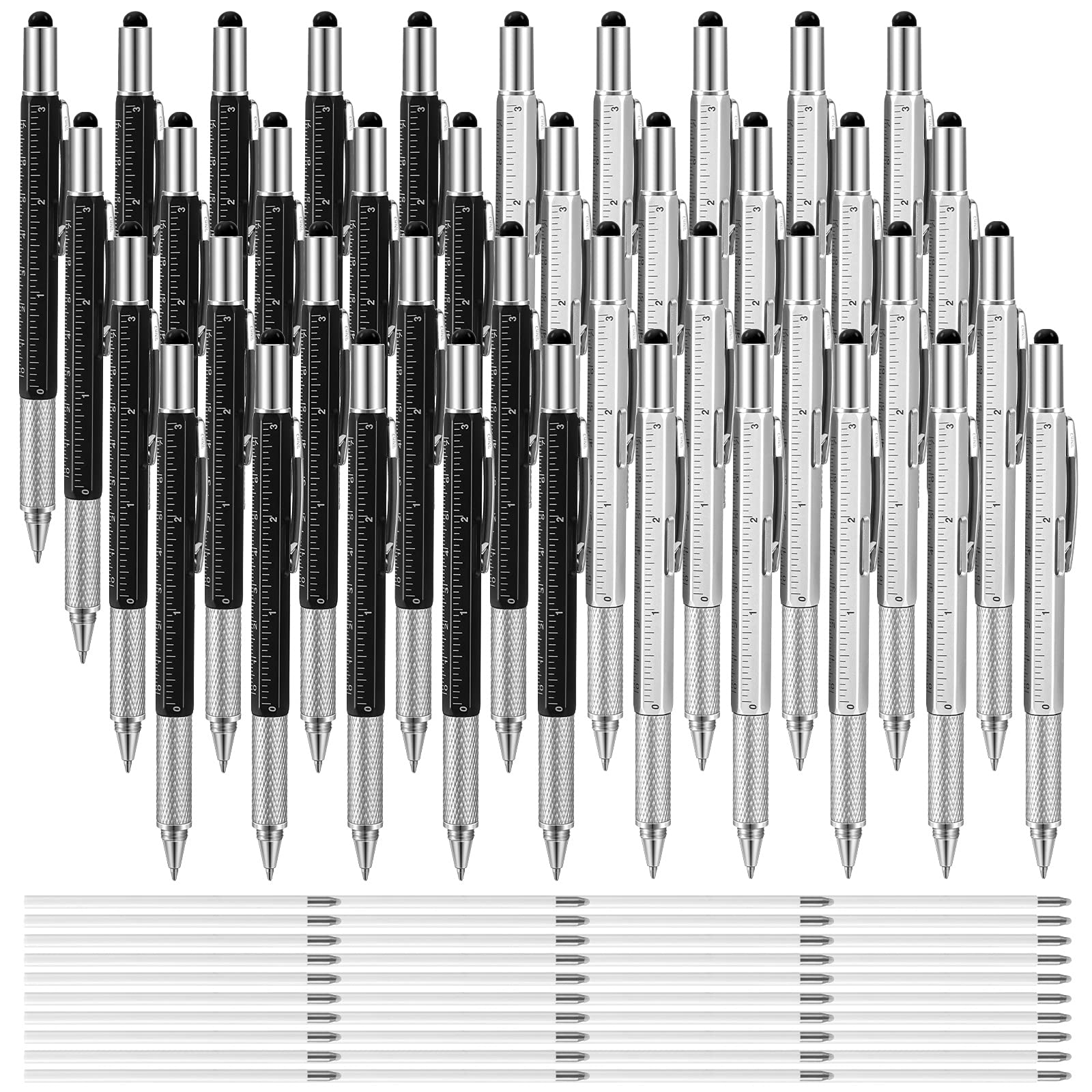 Photo 1 of 40 Pieces 6 in 1 Ballpoint Multi Function Screwdriver Pen Tech Tools Multi Tool Pen with Ruler Level Gauge Screwdriver Levelgauge and 40 Pieces Black Ink Refills Gifts for Men Dad Father