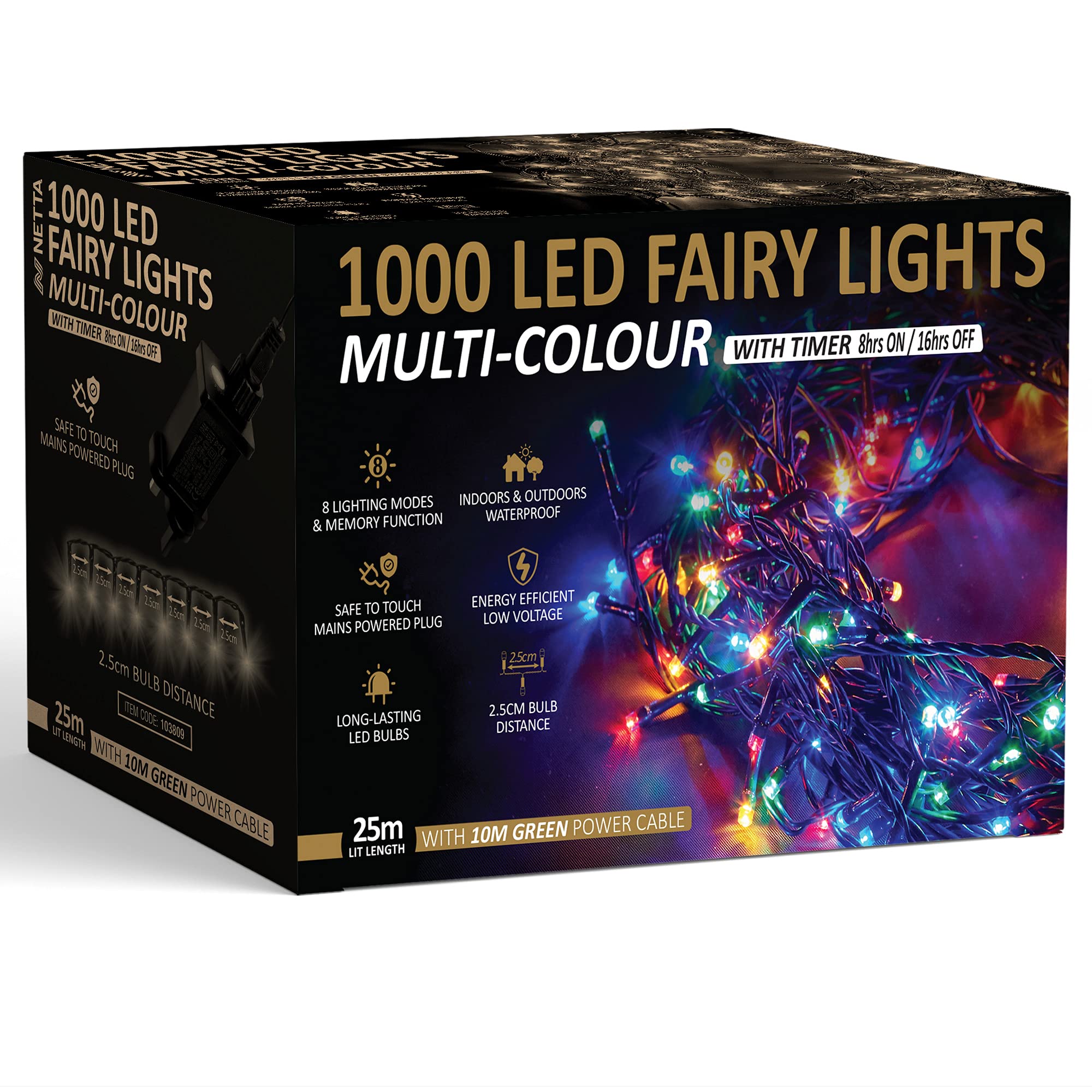 Christmas Tree Lights 1000 LED 25m Multi-Colour - 2.5cm Bulb Distance Fairy String Lights Plug in with Timer and Memory Functions - Suitable for Outdoor/Indoor Use