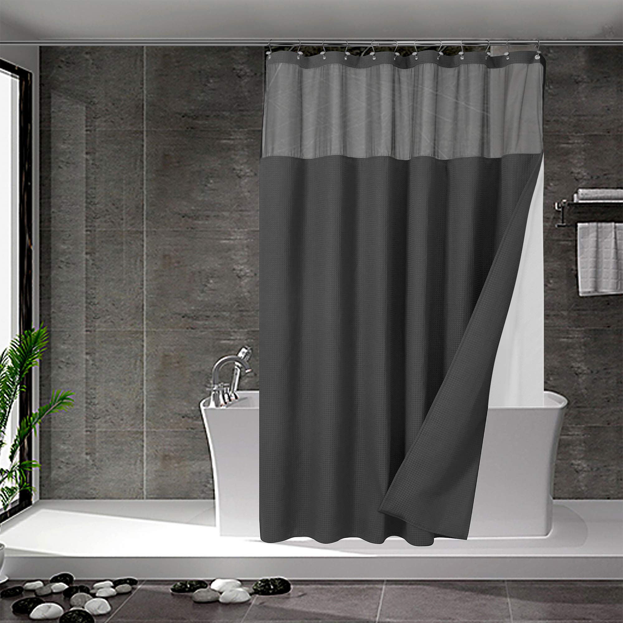 Photo 1 of N&Y HOME Waffle Weave Shower Curtain with Snap-in Fabric Liner Set, 12 Hooks Included - Hotel Style, Water-Repellent & Washable, Heavyweight Fabric & Mesh Top Window - 71x72, Graphite Gray