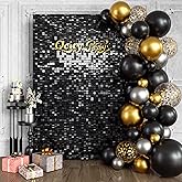 Qcity Black Shimmer Wall Backdrop 24PCS, Black Back Not See-Through Design, Square Sequin Glitter Backdrop Panel, Perfect for Outdoor Events, Birthdays, Wedding and Party Decoration