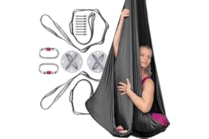 AYUHOME Aerial Silks Hammock Kit for Home – Premium Nylon Tricot Yoga Swing with Complete Hardware & Rigging Set for Yoga, Acrobatics and Gymnastics Training (Aerial silk - Black)