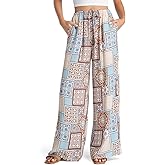EG CHRIS G Womens Casual Mid Waist Wide Leg Pants Summer Floral Solid Palazzo Baggy Pants Lounge Beach Trousers with Pocket