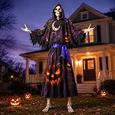 3 Pcs 12ft Skeleton Halloween Outfit Set, Hooded Cloak Grim Reaper Costume | 12 Foot Skeleton Outfit with Hooded Grim Reaper Cloak, Inner Robe and Belt, Pumpkin Ghost Print for Halloween Yard Decor