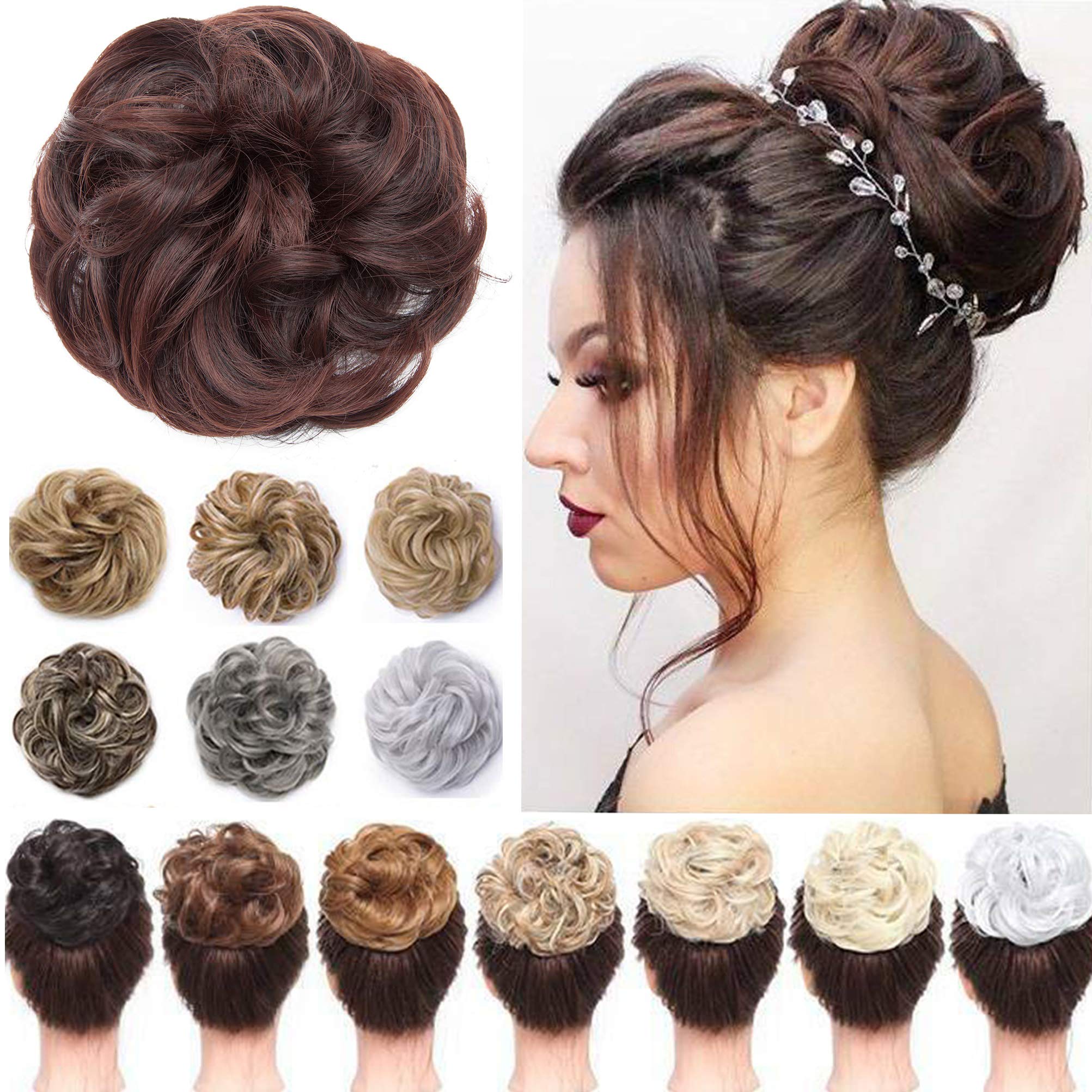 Messy Hair Bun Synthetic Extension Scrunchy Donut Curly Wavy Updo Elastic Scrunchie Thick Full Wedding Hair Pieces Bridal Hairpiece Easy Bun Updos Chignon for Women Kids Black Wine Red mix
