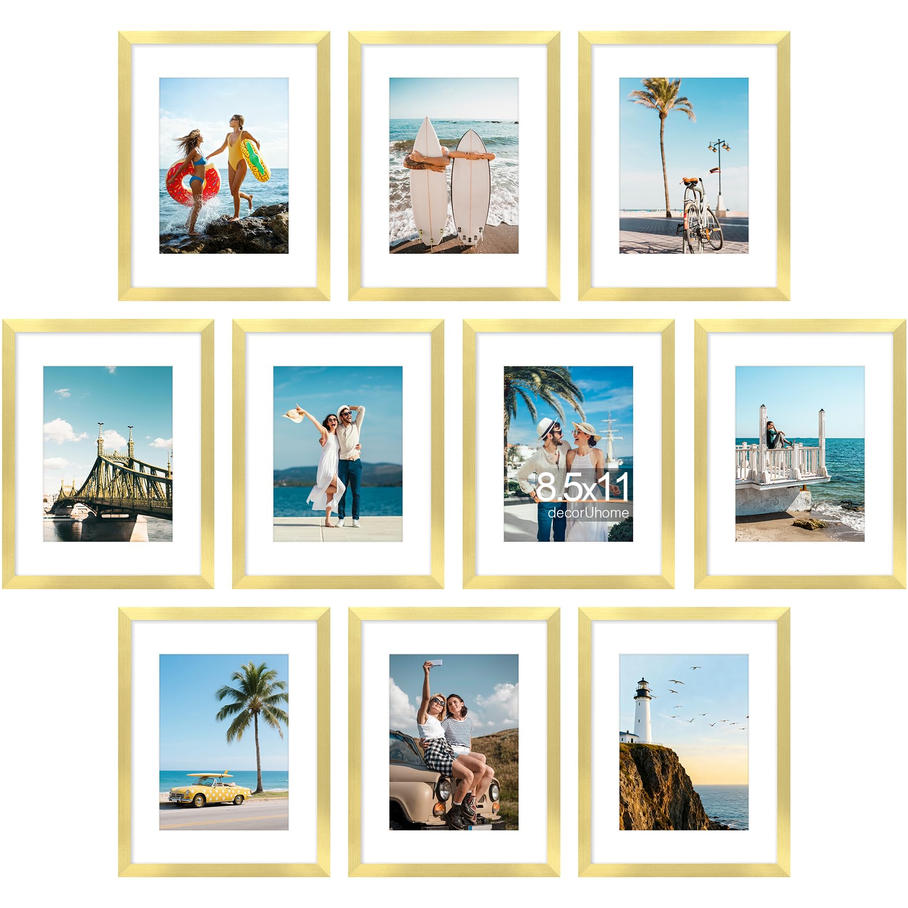 decorUhome 8.5 by 11 Picture Frame Set of 10, Display Photos 6x8 with Mat or 8.5x11 Unmatted for Picture Frames Collage Wall Decor, Gold Image
