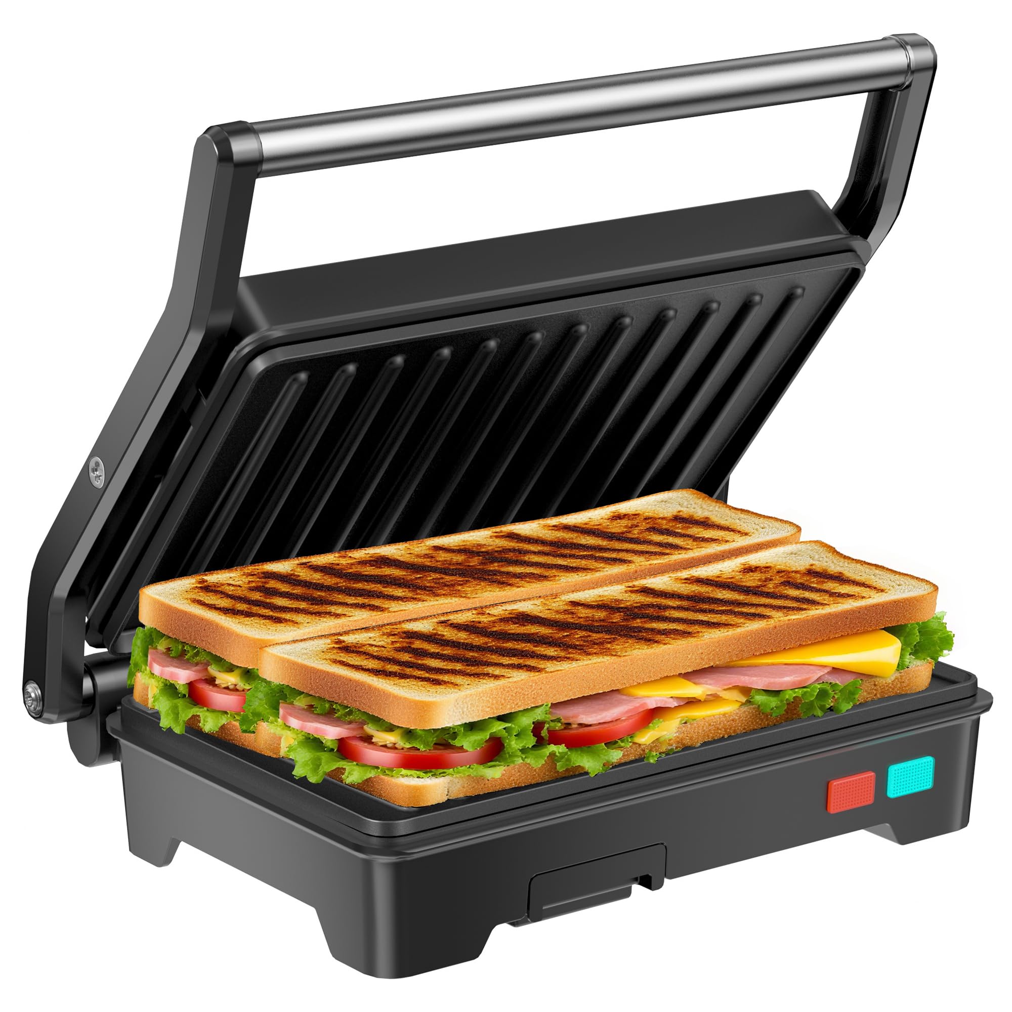 Photo 1 of **UNKNOWN DAMAGES**  Panini Press Grill, 1000W Sandwich Maker with Non-Stick Coated Plates, Opens 180 Degrees for Any Size of Food, 3-in-1 Sandwich Press Electric Grill, Stainless Steel Surface and Removable Drip Tray