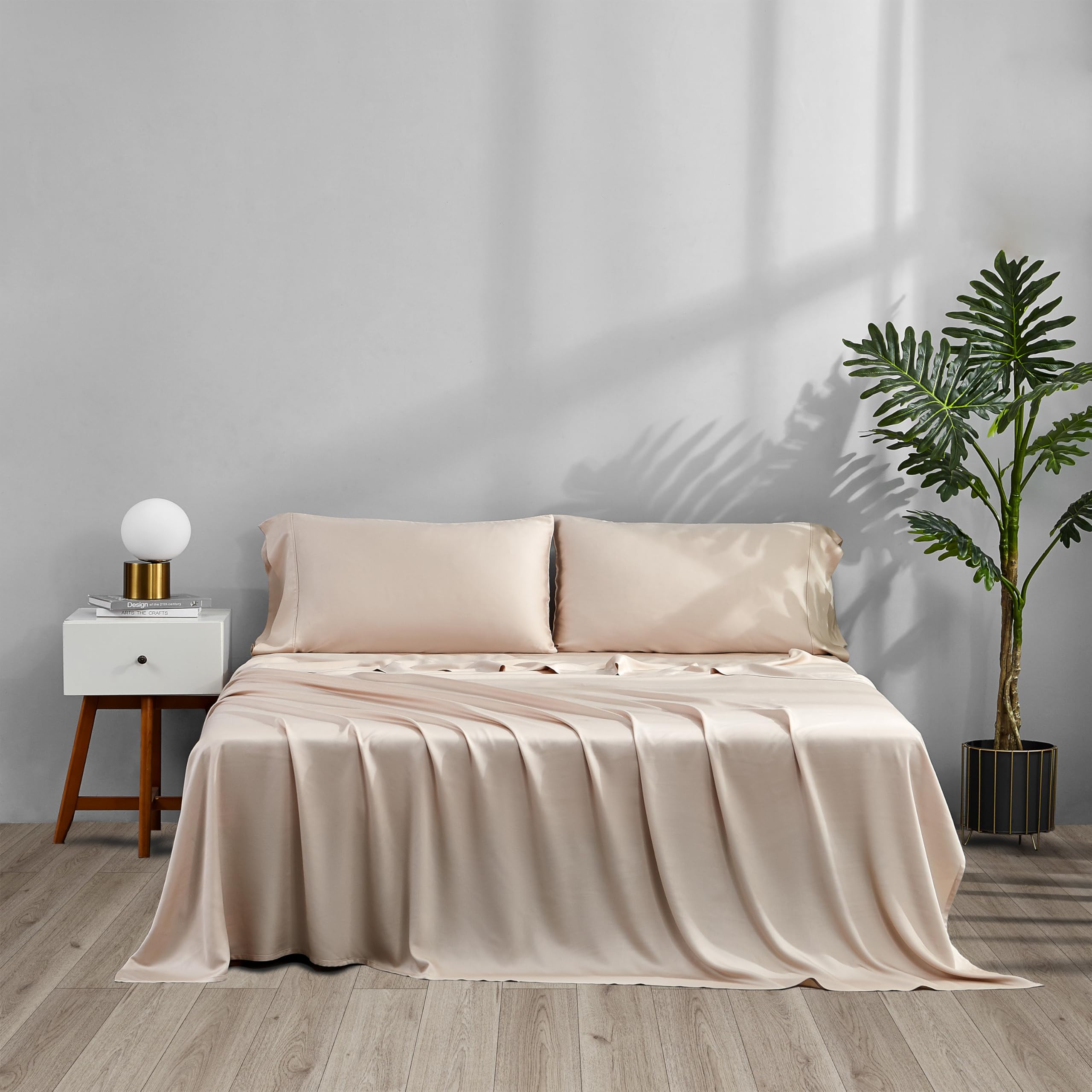ACCURATEX Cooling Sheets Twin XL Size - Viscose Derived from Bamboo, Luxury Cool Silky Sheet Set for Twin XL Size Bed, Super Soft Breathable Bedding Sheets up to 16 inches Deep Pockect,Sandy Image