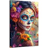 Day of The Dead Wall Art Mexico Skeleton Makeup Wall Decor Sugar Skull Girls Posters Mexican Festival Picture Flower Woman Painting Canvas Printing Frame for Home Decor Ready to Hang(24x36inch)