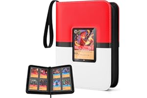 FORZAROCKET 4-Pocket Card Zip Binder – Holds 160 Cards | Side-Loading, Ringless, Double-Sided Pages | TCG Card Storage Album with Card Display Window & Wristband (Red & White)