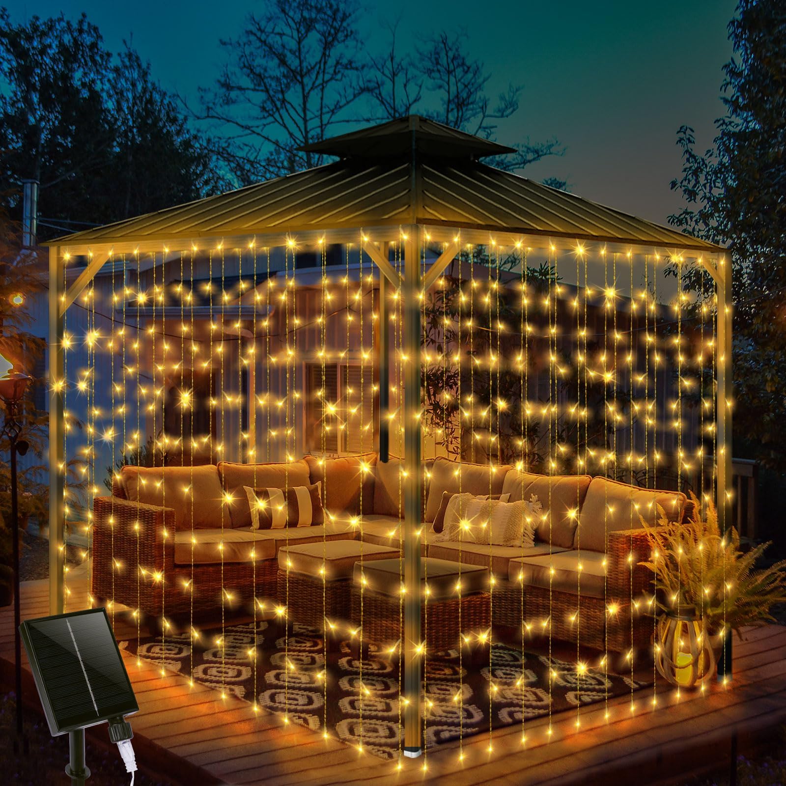 Photo 1 of 32.8 * 6.56FT Large Size Solar Curtain Lights Outdoor, 8 Modes Outdoor Curtain String Light, Solar Garden Christmas Lights Decortions for Patio, Gazebo, Eaves, Fence, Tree, Porch (Warm White)