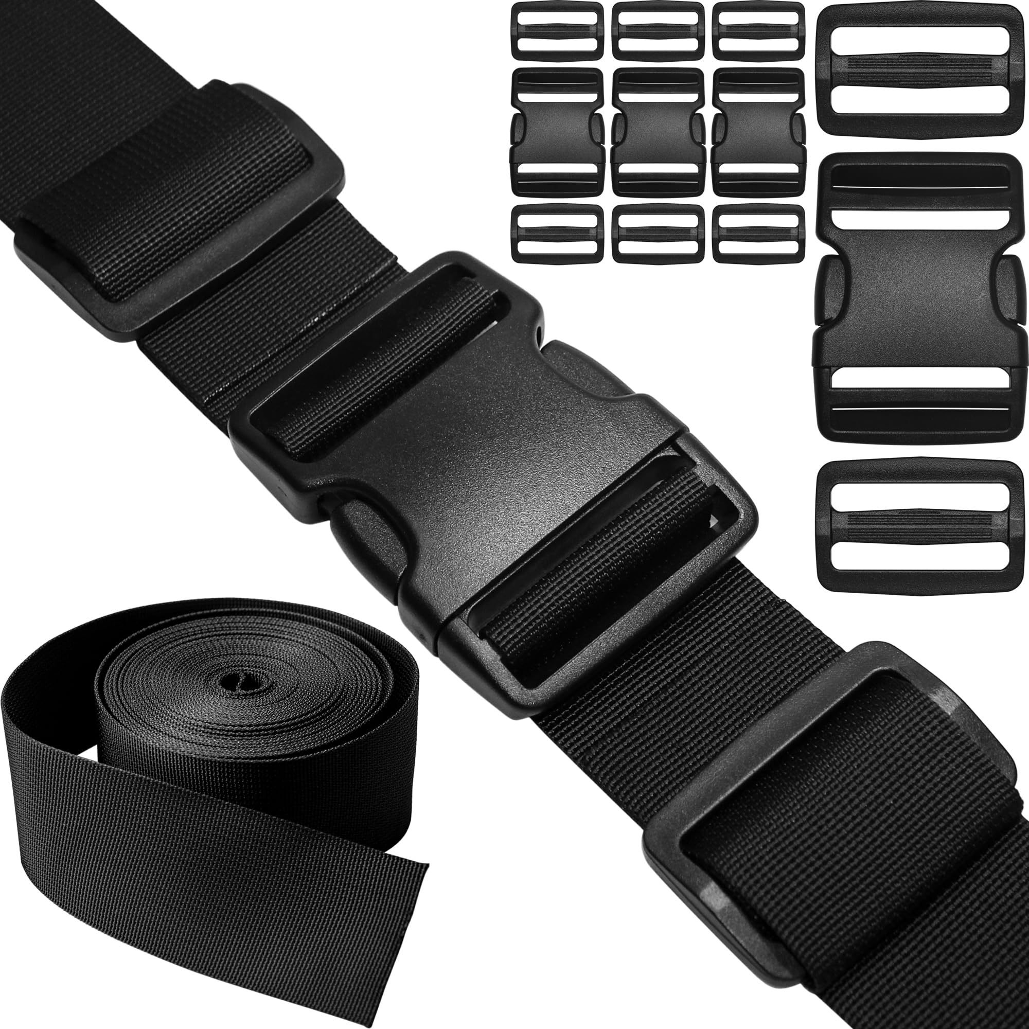 Photo 1 of 2" Straps and Buckles Set: 6 yard Nylon Webbing 2 inch (50 mm) Wide, 4 pack Side Release Buckle, 8 pcs Tri-Glide Sliders, Plastic Clip Quick Fasteners Replacement Heavy Duty Dual Adjustable No Sew