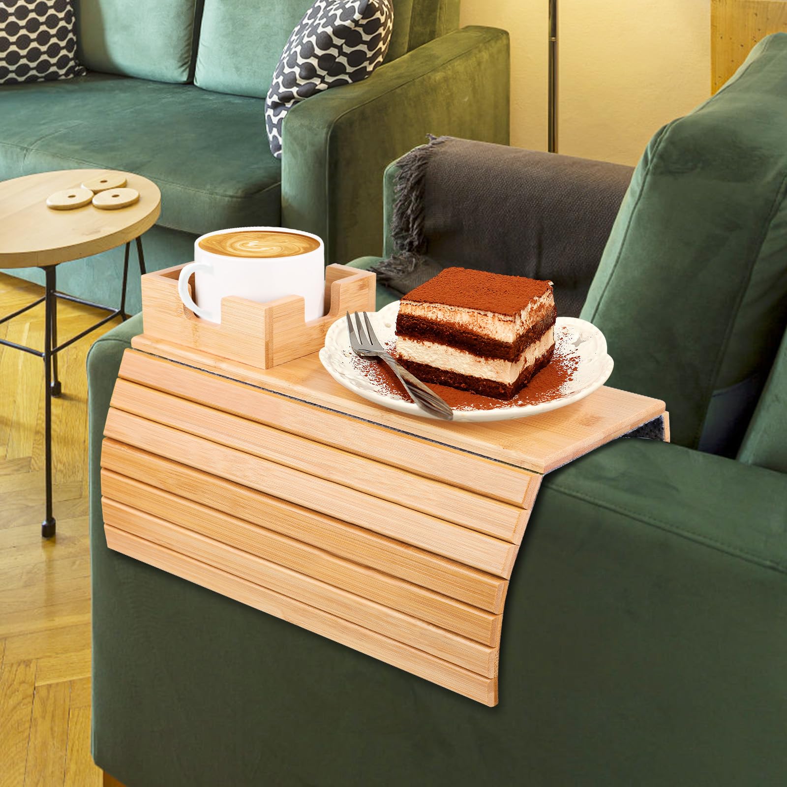 Bamboo Sofa Armrest Tray, Non-slip Couch Cup Holder Couch Arm Tray Foldable Sofa Table Tray with Cup Holder Tray for Drinks Cups Tissues Snacks Remote Cellphone
