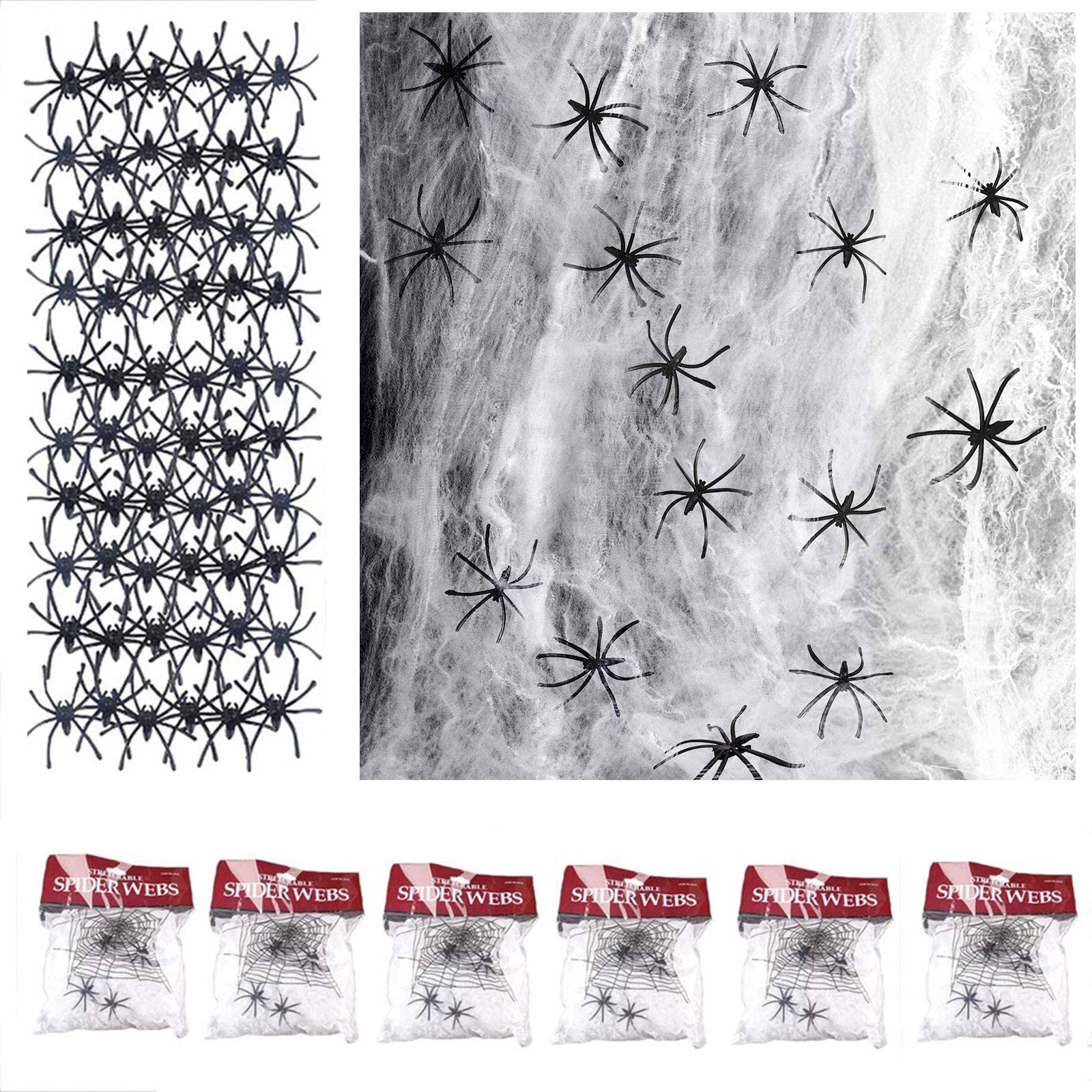 FINEVERNEK MOULLY 120g Halloween Spider Web Stretchable Cobweb with 60pk Plastic Spiders for Hauted House Halloween Decorations Indoor Outdoor Decor, Enough to cover 500 Square Feet