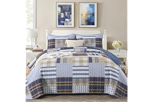 Annibedding Blue Patchwork Quilt Set Queen Size,3 Pieces Plaid Striped Bedspread Coverlet Set for All Season,Reversible Lighw
