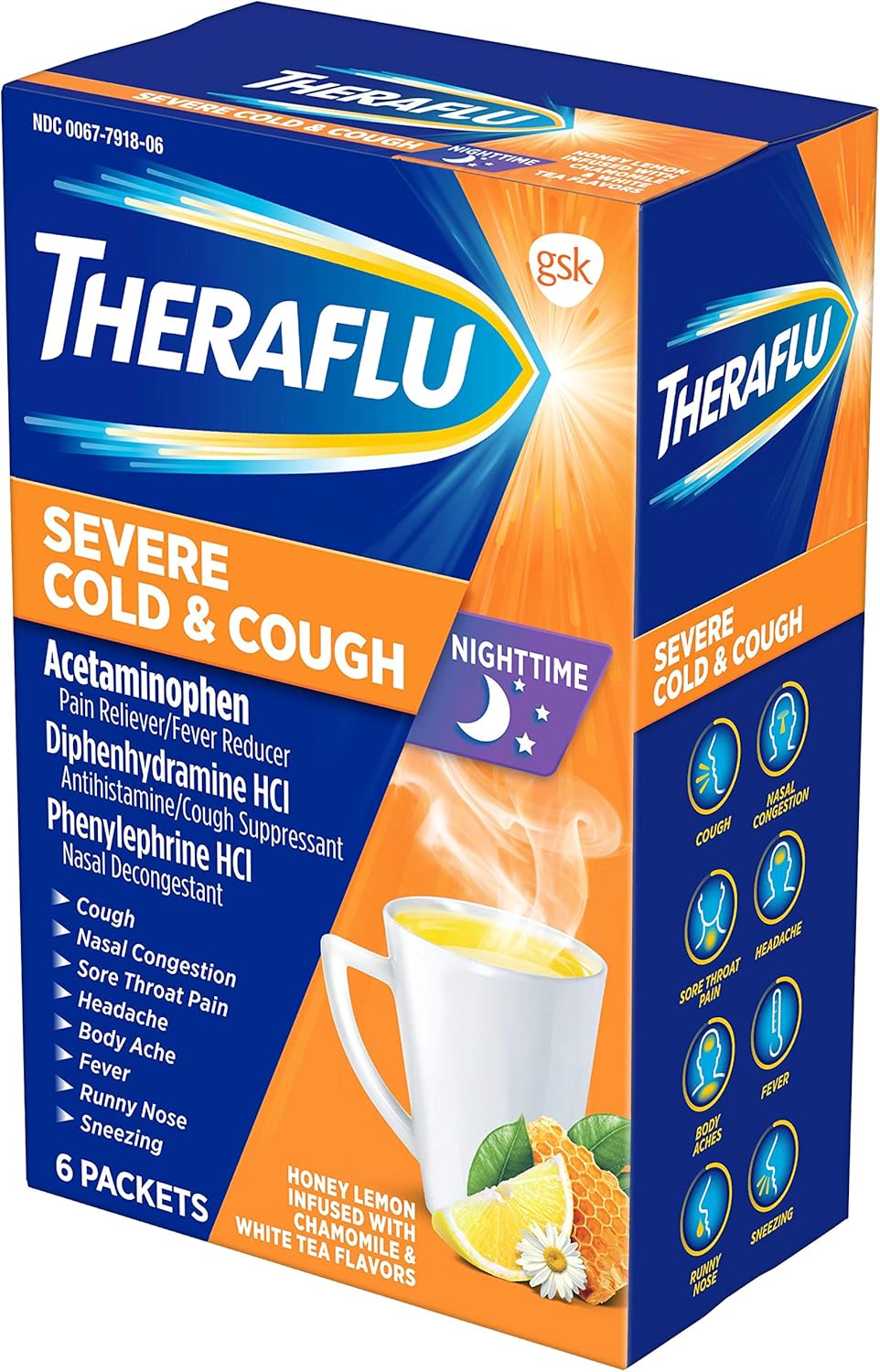 Theraflu Severe Cold and Cough Medicine for Adults and Children 12+, Multisymptom Nighttime Cold and Flu Relief Powder Packets, Honey Lemon Infused with Chamomile and White Tea Flavors - 6 Count: Health & Personal Care