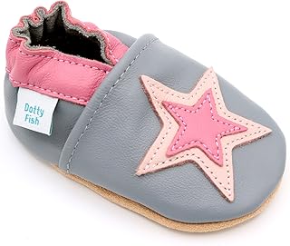 Dotty Fish Weiche Babys und Kleinkinder Lederschuhe. Graue und rosa Sterne. 12-18 Monate (21 EU)