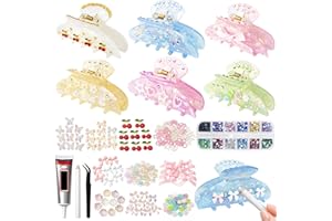 Hokoad 6 Sets DIY Hair Claw Clips Kit, Acrylic Claw Clips with Resin Rhinestones Pearls Flowers Bows, Strong Hold Thick Hair 