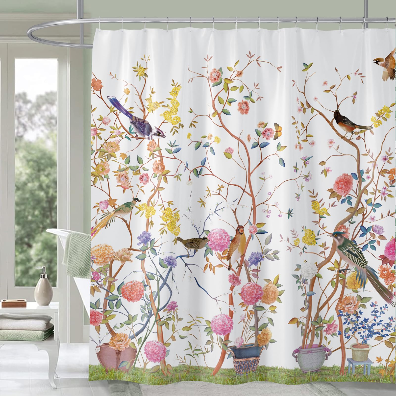 Shower Curtain White Mould Proof Resistant Waterproof Bird Floral Bathroom Curtains with 12 hooks Quick-Drying Weighted 180x180cm (71x71Inch) Polyester Shower Curtains for Bathroom Wet Room Tub