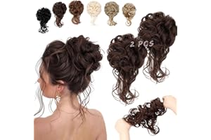FeidyLong 2PCS Messy Bun Hair Piece Tousled Updo with Tendrils Wavy Curly Hair Bun Scrunchies Ponytail Extension Elastic Band Hairpieces For Women (Medium Brown)